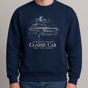 American Traditions Sweatshirt‎ American Dream Classic Car Graphic LG Blue VTG